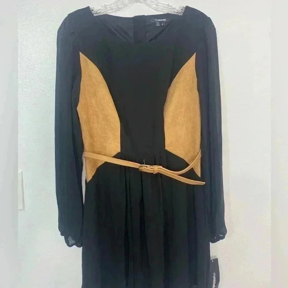 My Michelle Black Sheer Long sleeve Belted Button Back Detail Dress - Picture 3 of 9